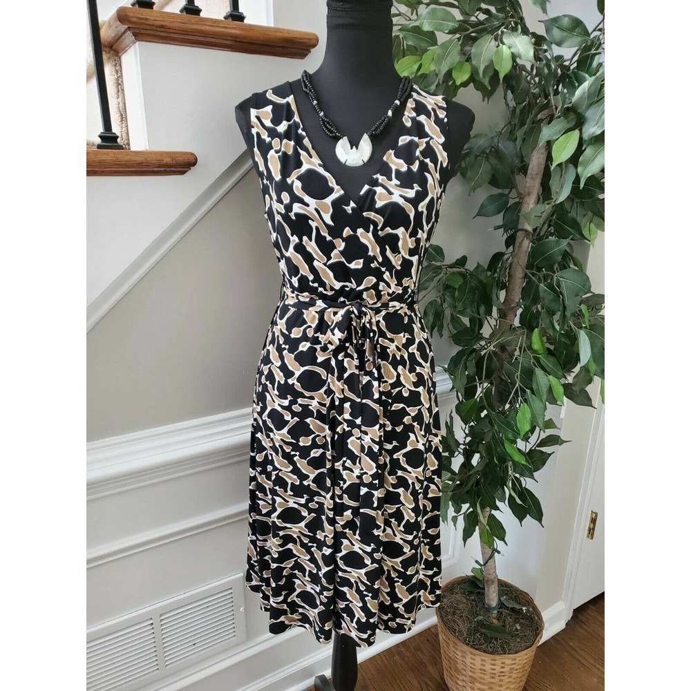 George Women Black & Brown Polyester V-Neck Sleeveless Knee Length Wrap Dress S